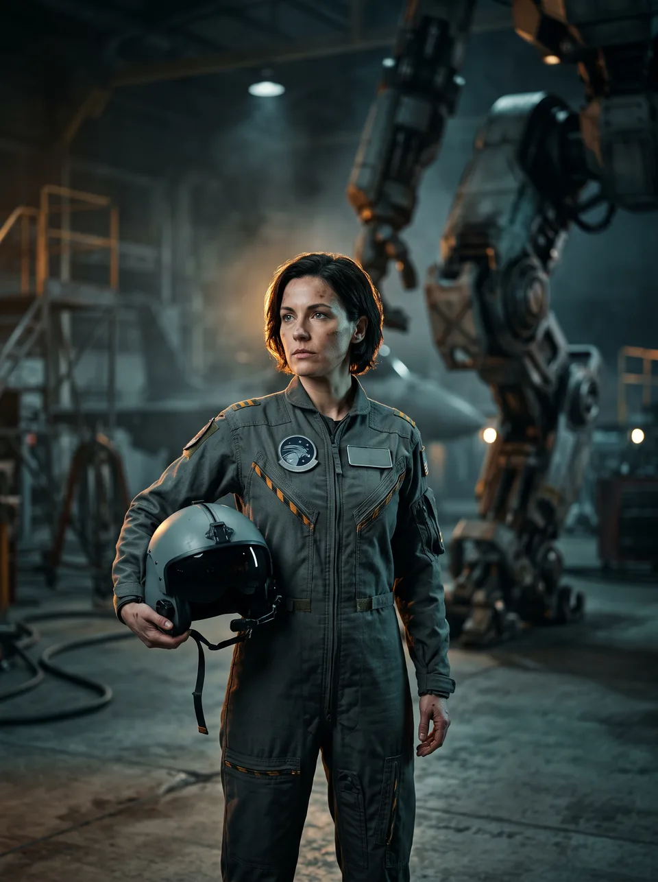 Captain Ines Varga in a grey flight suit, helmet under her arm, in the hangar